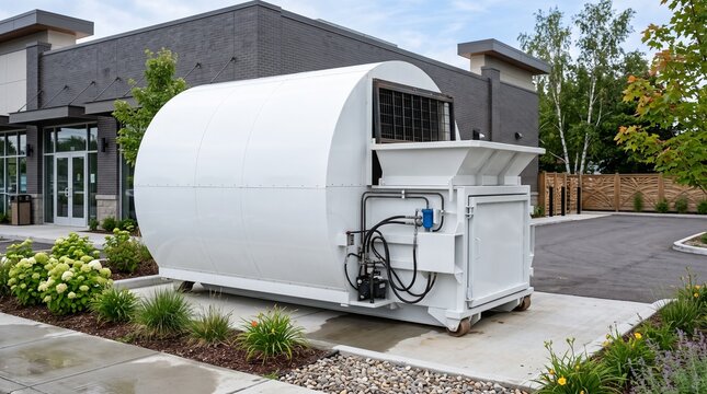 Modern commercial waste compactor outside a retail business, emphasizing efficient waste management