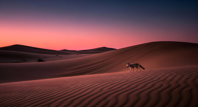 Fennec fox walking across rippled desert sand dunes during sunset