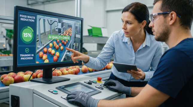 Engineers monitor AI vision systems grading fruit to improve quality and cut waste