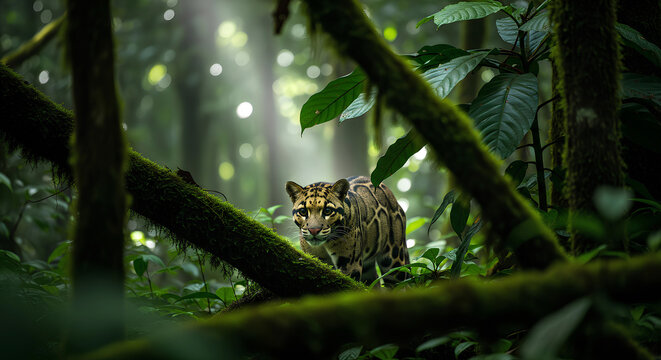 Clouded leopard prowling cautiously through dense tropical rainforest foliage with sunbeams breaking through trees