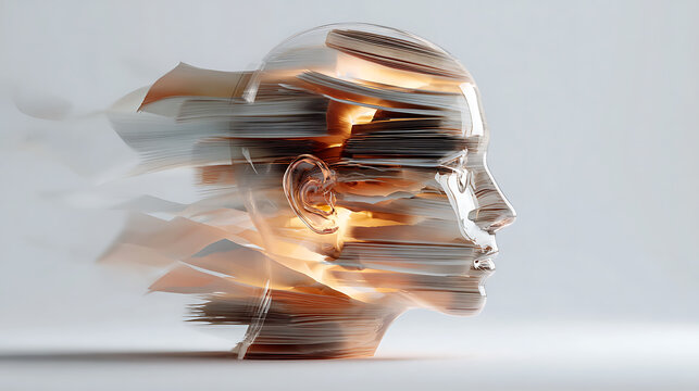 Abstract human head with flowing layered textures and warm light, symbolizing mental health, emotional healing, inner balance, self reflection, psychology, memory, and wellbeing concept