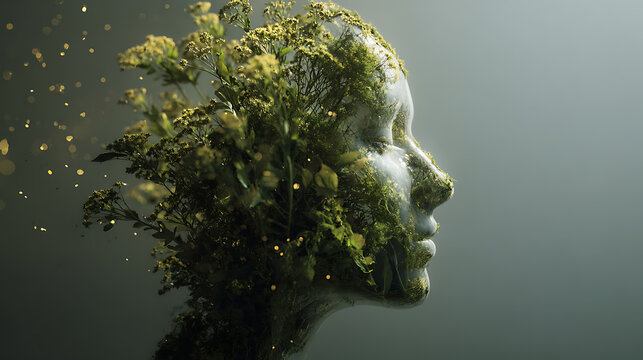 Mental health concept showing a human profile blended with lush greenery and wild plants, symbolizing inner growth, emotional healing, mindfulness, connection with nature, and psychological wellbeing