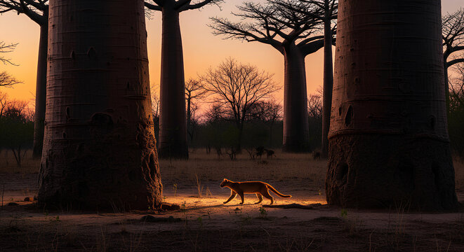 Puma stalking silhouetted past giant baobab tree trunks during warm golden hour sunset in African savanna landscape