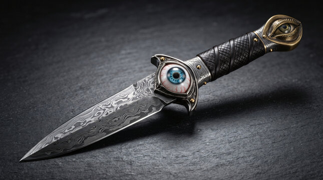 Intricate fantasy dagger with damascus steel blade and realistic eyeball guard detailing resting on dark slate surface studio shot