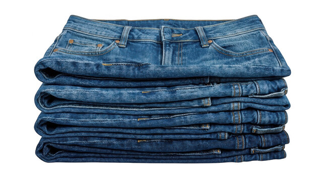 Stack of folded blue denim jeans on transparent background for retail fashion catalog and apparel advertising material.