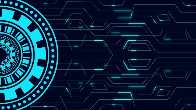 Glowing blue circular technology interface on a dark circuit board background with space for text