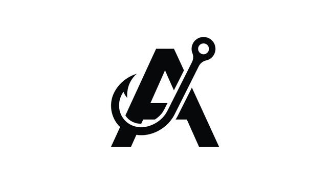 Bold letter A logo design integrated with a sharp fishing hook in clean minimalist style