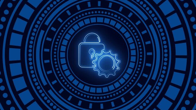 Glowing blue padlock and gear icon at the center of circular digital patterns, representing cybersecurity, data protection, secure settings, and technology.