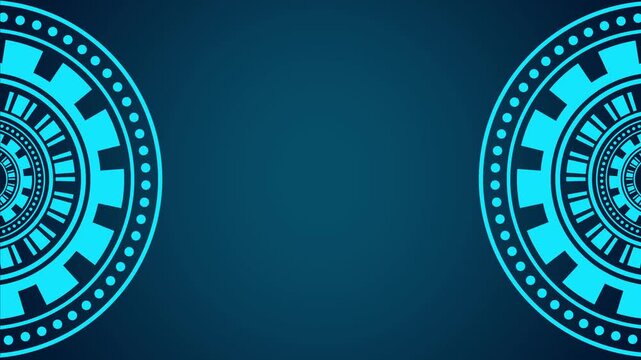Futuristic blue circular technology patterns frame a dark teal background with open center space for text or design.