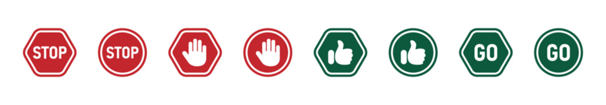 Stop sign and go sign vector illustrations. Stop and go icon or designs. Road stop and go vector icon symbols