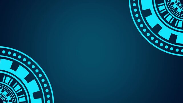 Abstract blue technology background with glowing cyan circular digital patterns in opposite corners and dark center copy space.