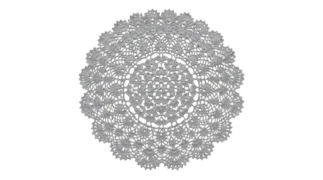 Decorative white vintage lace doily with intricate floral pattern isolated on transparent background for textile design.