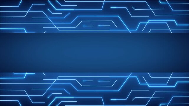 Glowing blue circuit lines frame a dark blue center banner, creating a modern technology background with copy space for digital, data, and innovation themes.
