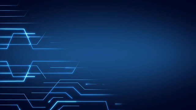 Dark blue technology background with glowing neon circuit lines and open copy space on the right, ideal for digital, network, or cybersecurity designs.