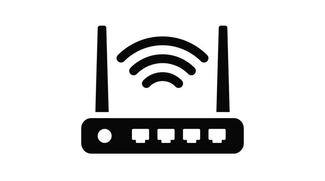Minimalist black wifi router icon featuring dual antennas and signal waves for modern web interface designs