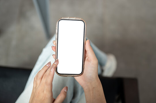 Close Up Hands Pointing At Blank Smartphone Screen Mockup