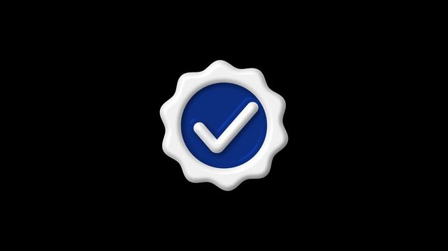 White scalloped approval badge with a blue circle and white check mark, centered on a black background.