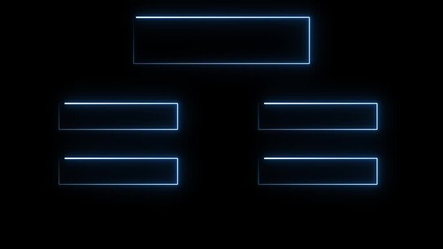 Dark abstract background with five glowing blue outlined rectangles, arranged like digital interface fields or futuristic neon frames.