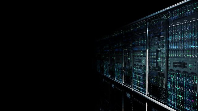 Dark broken data center server racks with turned off lights. Moving forward loop animation of faulty mainframe supercomputer after cyber attack, system failure, power outage or database error.
