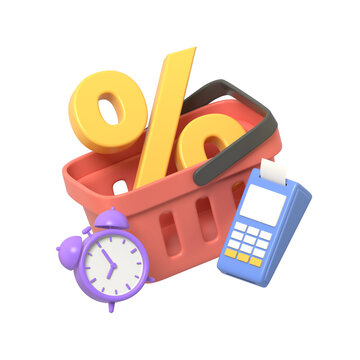 A 3d render of a red shopping basket filled with yellow percentage sign purple clock and blue credit card reader isolated on for sale concept.3d render
