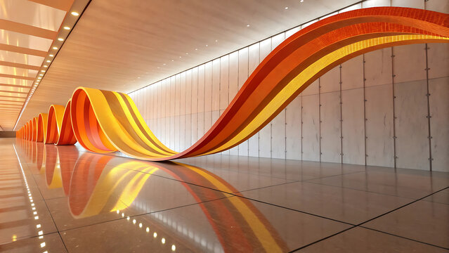 Abstract orange wave sculpture in long corridor