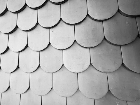 Monochrome texture of overlapping beaver tail roof tiles