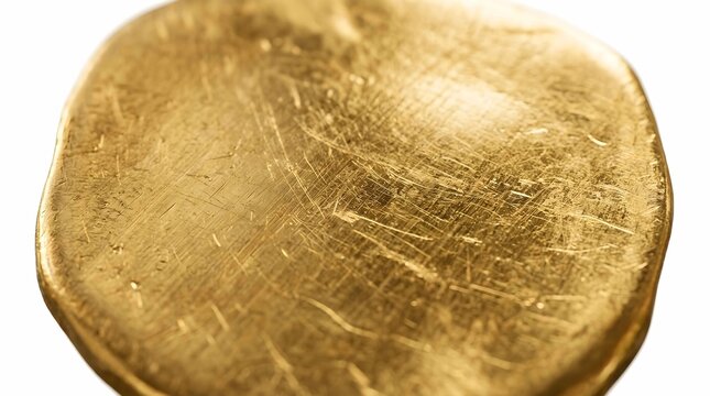 Macro shot of a textured gold nugget with scratches on a white background