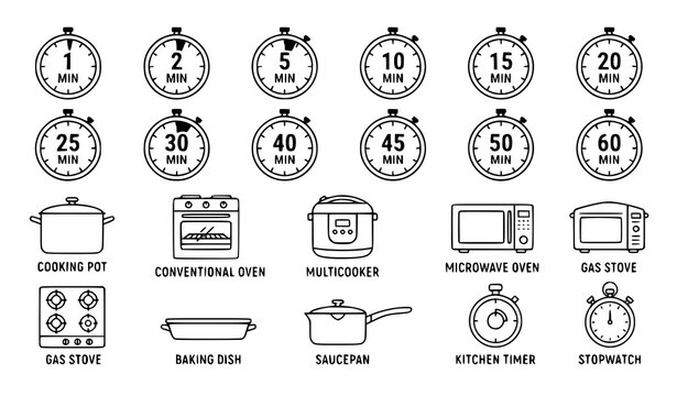Cooking Time Timer and Kitchen Appliance Outline Vector Icon Set