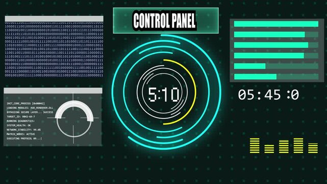 Futuristic digital control panel hud with binary data and animated ui interface technology