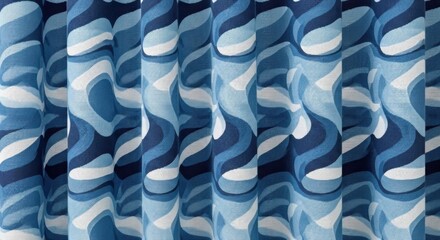 Obraz premium Abstract Blue Psychedelic Wavy Pattern on Pleated Fabric Curtains for Interior Design and Retro Decor