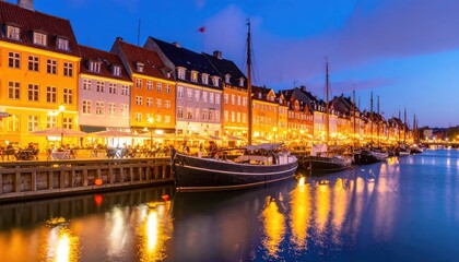 Fototapeta premium Nyhavn canal at dusk with colorful buildings and boats.