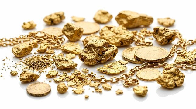 Pile of shiny gold nuggets coins and metallic chains on white background