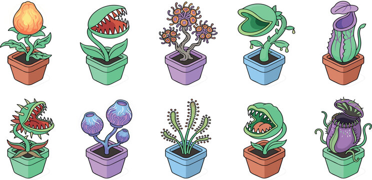 Carnivorous monster plants in pots icon set spooky fantasy venus flytrap cartoon vectors pack