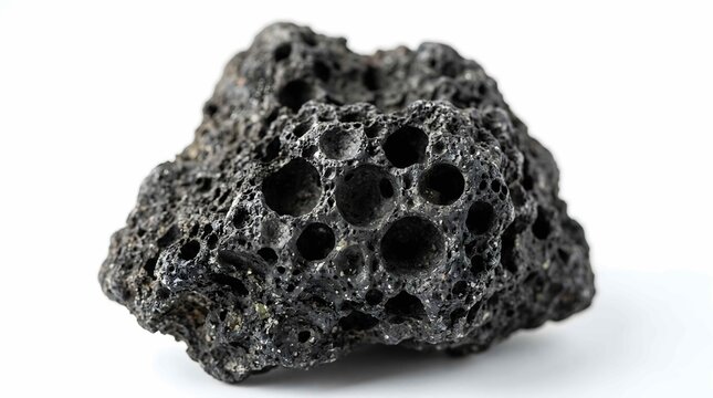 Porous black volcanic rock isolated on white background