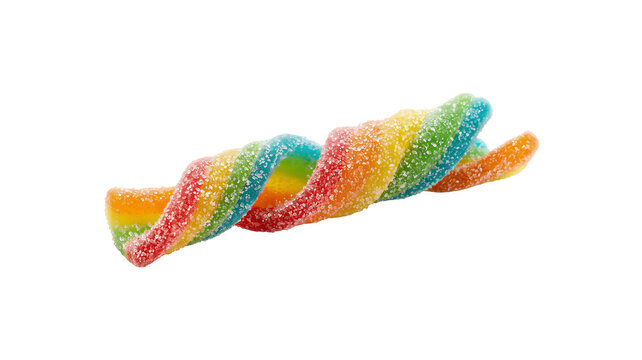 Colorful gummy candy in a twisted shape placed on a plain background