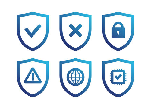 Set of vector shield icons with cyber security symbols and data protection signs. Blue gradient. Smooth shapes. Bold outlines. Editable vector isolated on white.