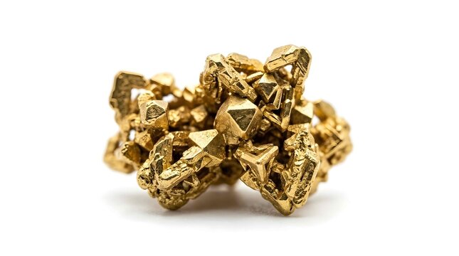 Raw natural gold nugget with crystalline structure on white background