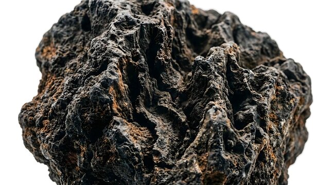Rough volcanic basalt rock fragment isolated on white background