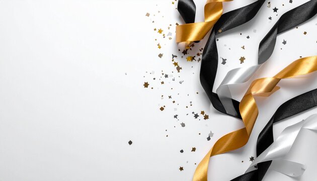Elegant arrangement of black and gold ribbon with scattered confetti on a clean white background for invitations or event planning