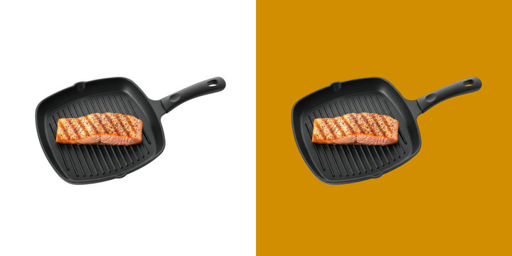 Fresh salmon fillet with grill marks in a nonstick square frying pan cooking utensil transparent png