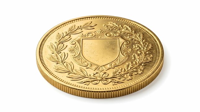 Shiny golden coin with ornate shield and laurel wreath pattern isolated