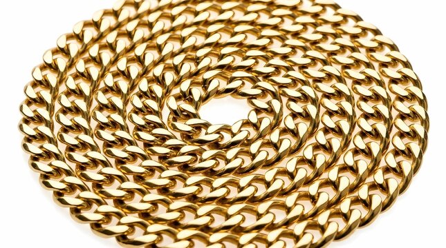 Shiny gold chain coiled in concentric circles on pure white background