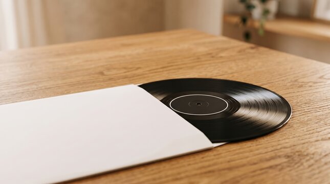 Close-up of a vinyl record in a white sleeve on a wooden table