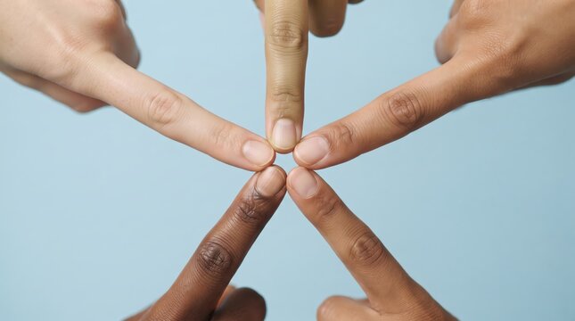 Five diverse hands connect in a circle, symbolizing unity, teamwork, and inclusion