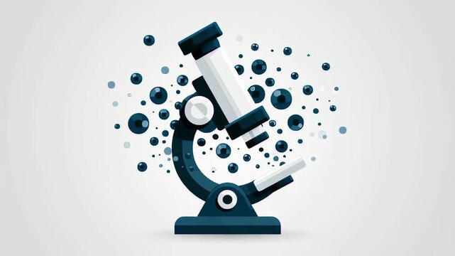 Stylized microscope icon isolated on a white background with animated bubbles representing scientific discovery, chemical research, laboratory analysis, or microbiological exploration