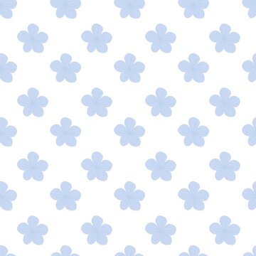 Seamless floral pattern featuring delicate light blue five-petaled flowers arranged diagonally on a clean white background. Minimal botanical repeat design for textiles, wallpaper, wrapping paper, pac