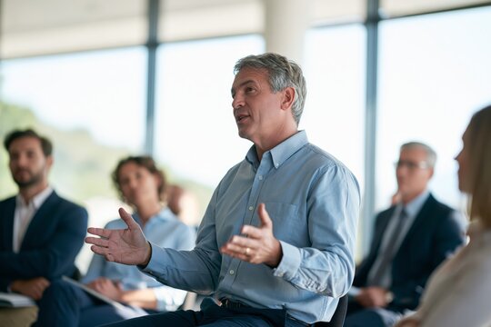 Man speaking with open hands to audience in modern conference room with large windows letting in bright natural light, attendees seated in rows listening attentively, neutral tones