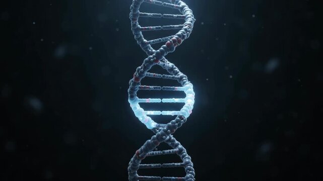 A glowing 3D DNA double helix rotates slowly against a dark space background, illustrating genetics, biotechnology and molecular science.