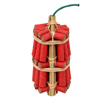 Traditional bamboo firecracker bundle with red paper cylinders and fuse, isolated against transparency background for festive celebration imagery