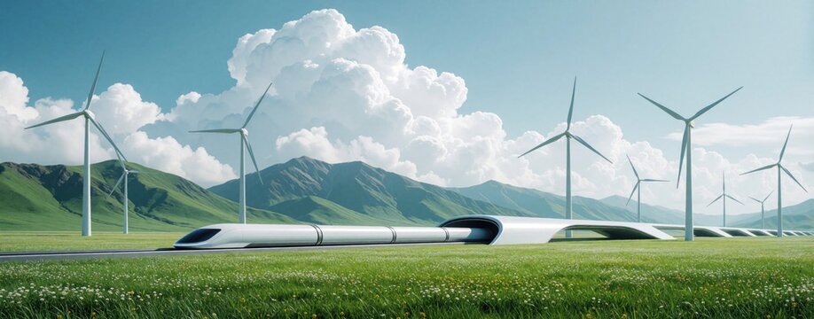 Futuristic hyperloop train travels through green grassy field with wind turbines spinning. Mountains and clouds form a scenic backdrop. Sustainable transport infrastructure.